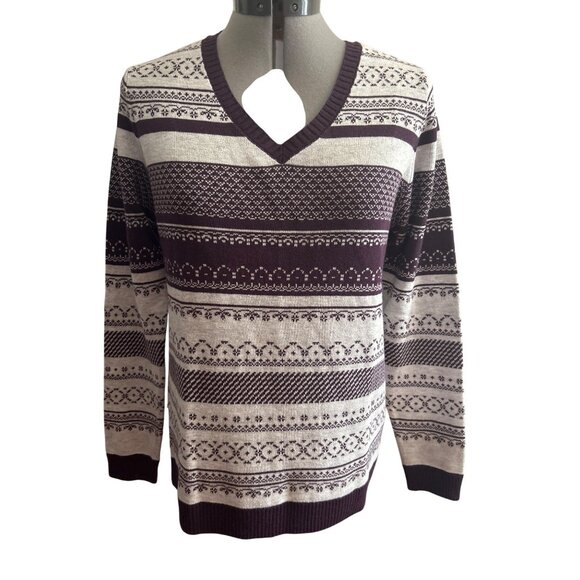 Croft & Barrow Womens V-Neck Sweater M Purple Gray Nordic Print Cotton Blend - Picture 1 of 7